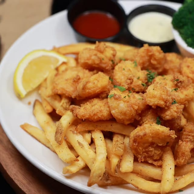 Fried Shrimp with French Fries.